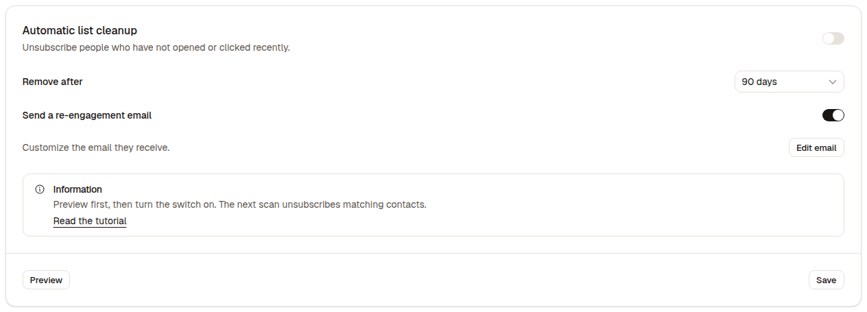 Automatic list cleanup card on Settings → Configuration